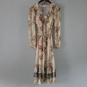 Christy Lynn Violet Midi Dress in Ivory Brocade Silk Crinkle Chiffon Size XS